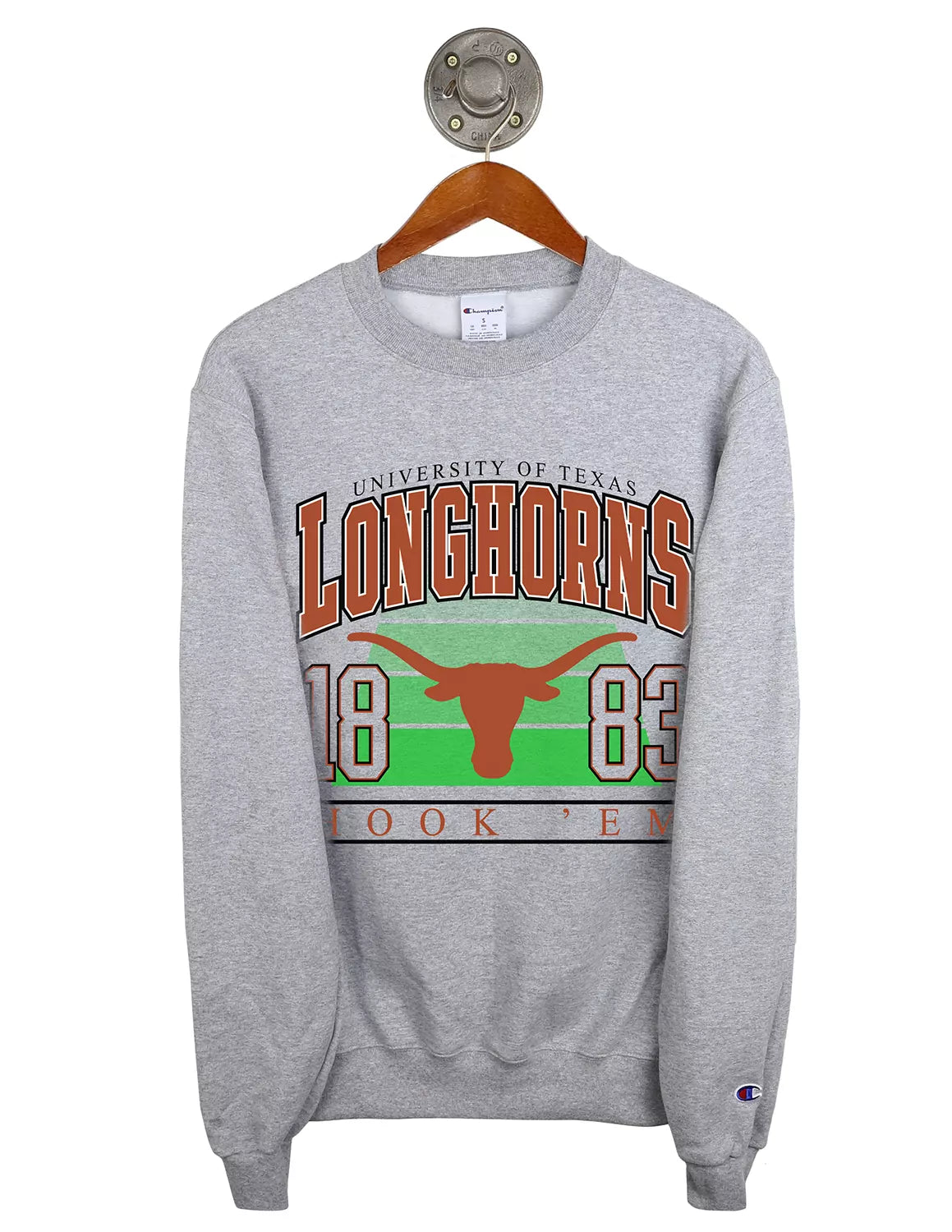 Heather grey University of Texas at Austin unisex crewneck sweatshirt with a burnt orange Longhorn logo and a green and white football field graphic.
