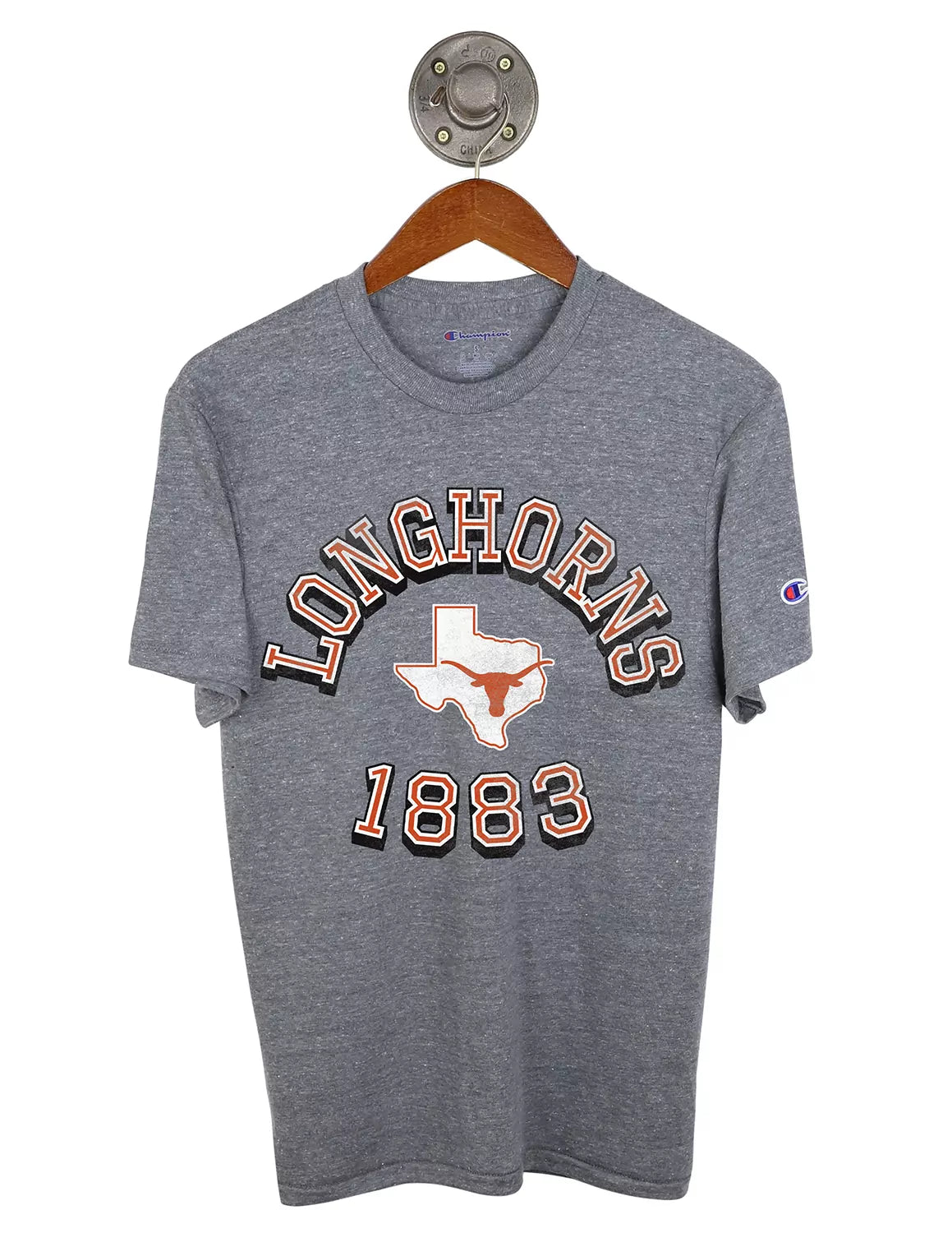 Heather grey University of Texas at Austin Champion unisex t-shirt with a Texas Longhorns logo and white, black, burnt orange lettering surrounding the logo.