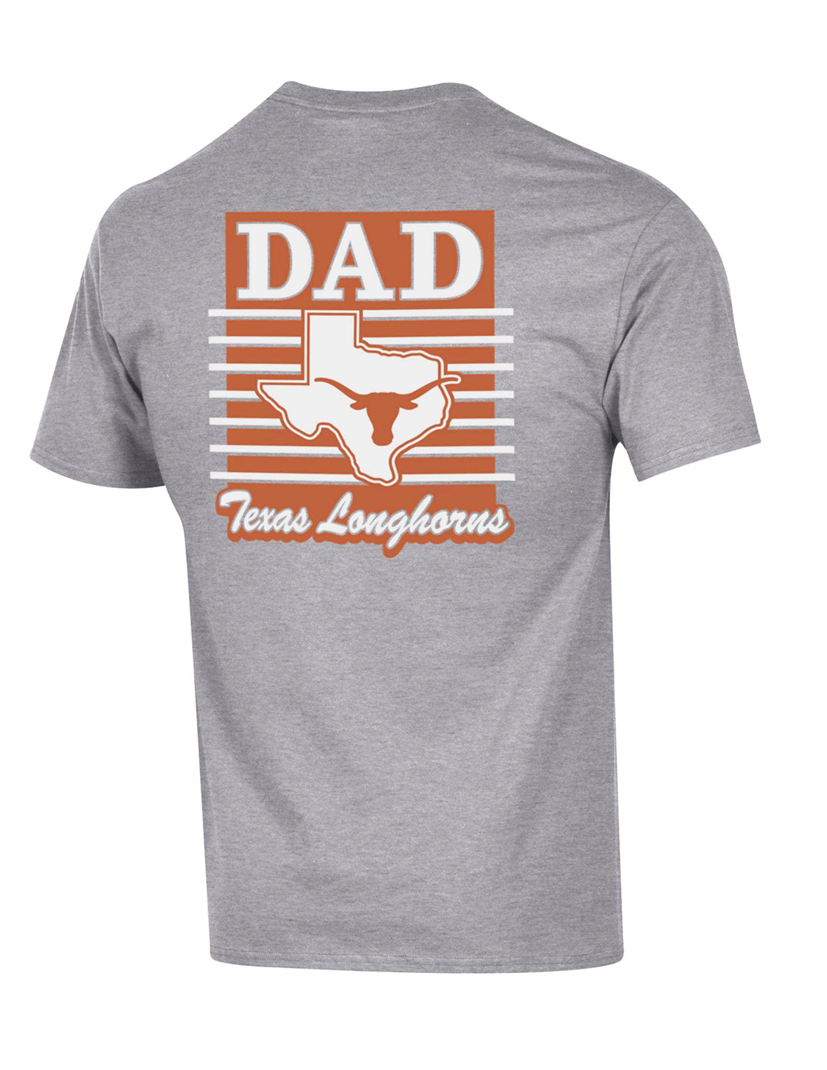 Back-view of heather grey University of Texas at Austin short-sleeve men's Champion t-shirt that features burnt orange and white lettering.