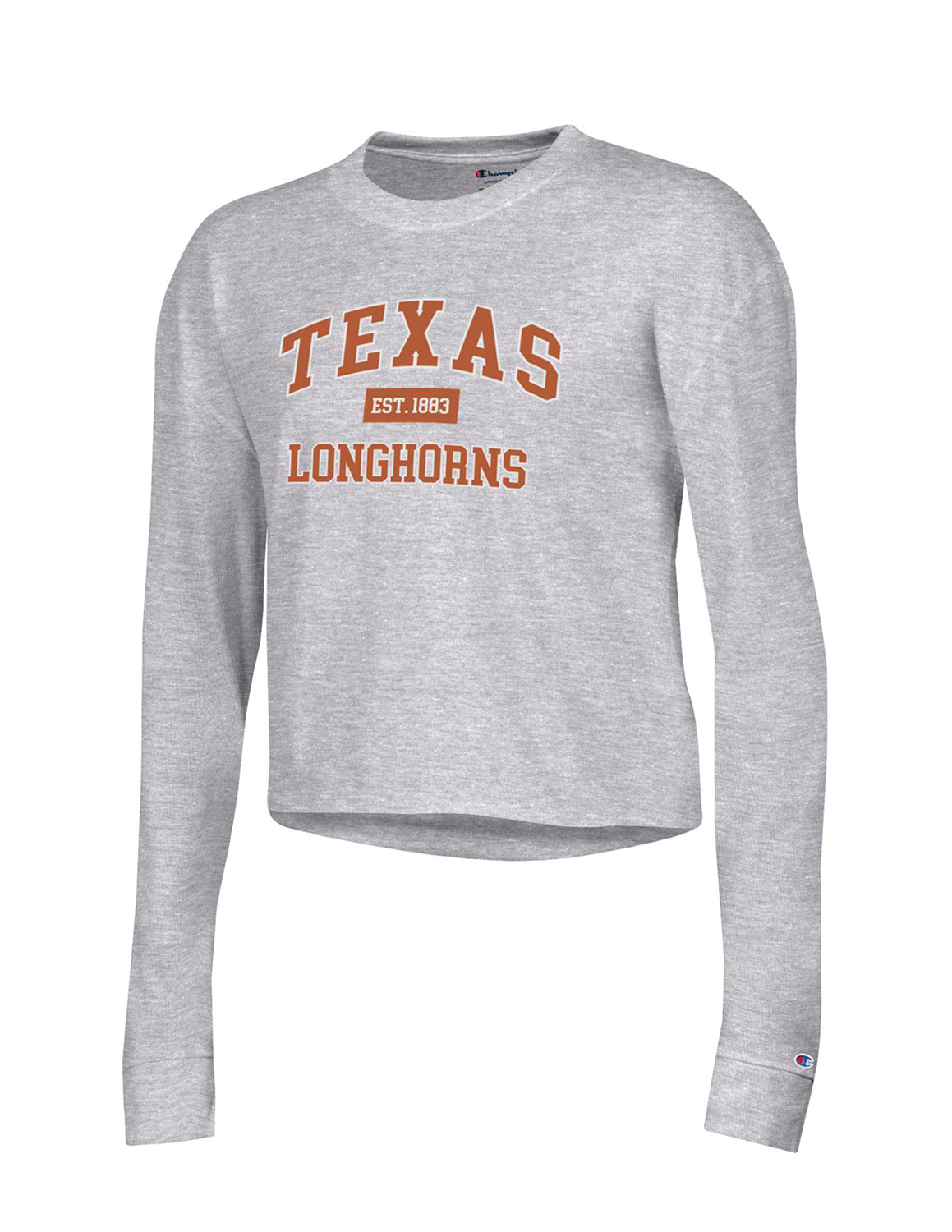 Heather grey University of Texas at Austin women's long-sleeve t-shirt that features burnt orange and white lettering.