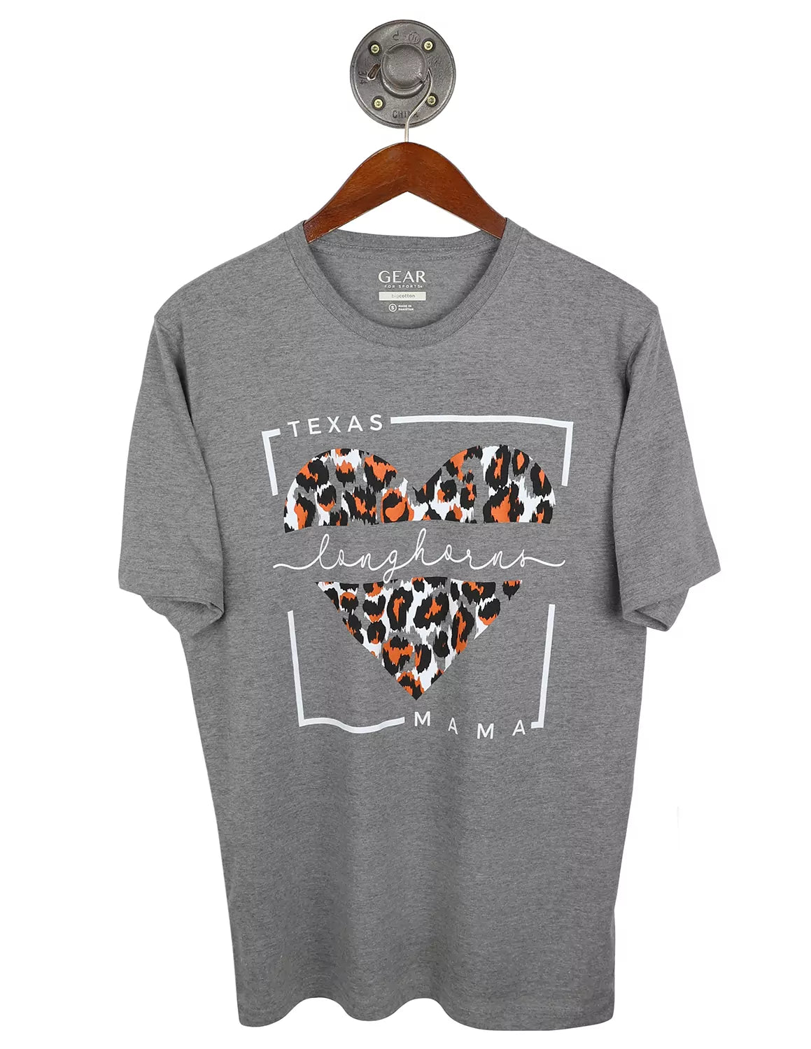 Heather grey University of Texas at Austin Mom short-sleeve t-shirt with a orange and black leopard print heart and Texas Longhorns Mom lettering.