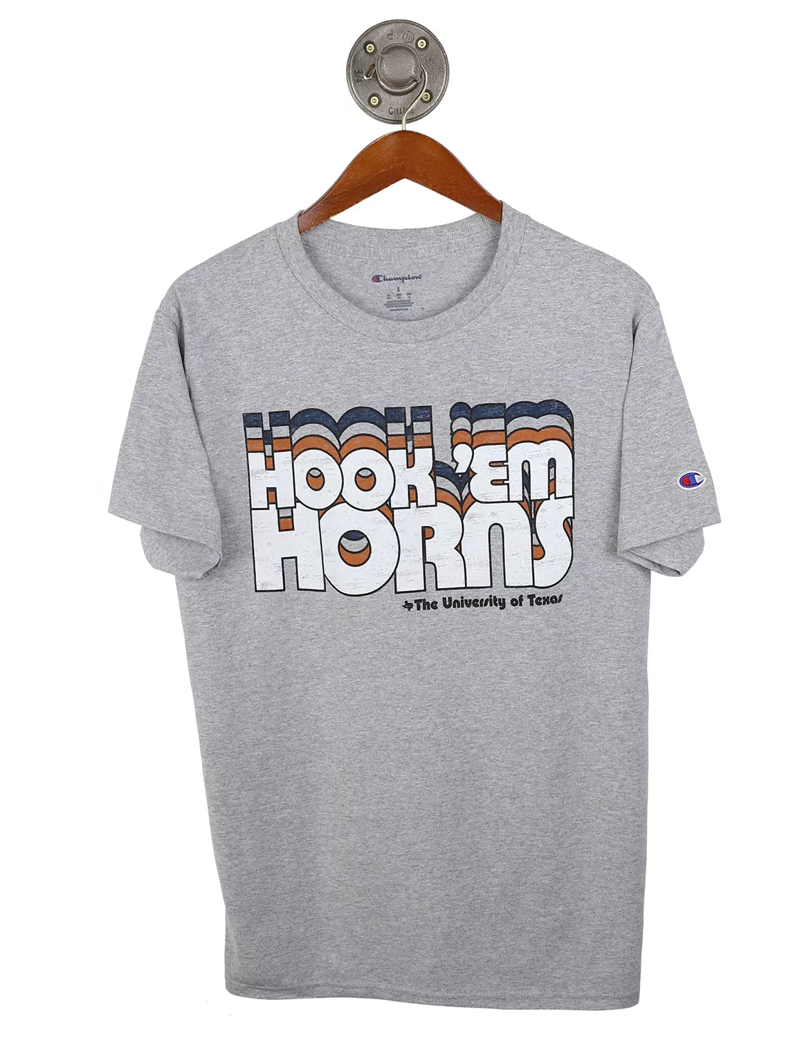 Heather grey University of Texas at Austin unisex t-shirt with multi-color Hook 'Em Horns lettering.