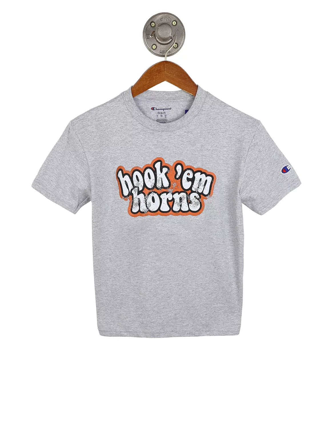 Heather grey youth University of Texas at Austin t-shirt with orange and black lettering.