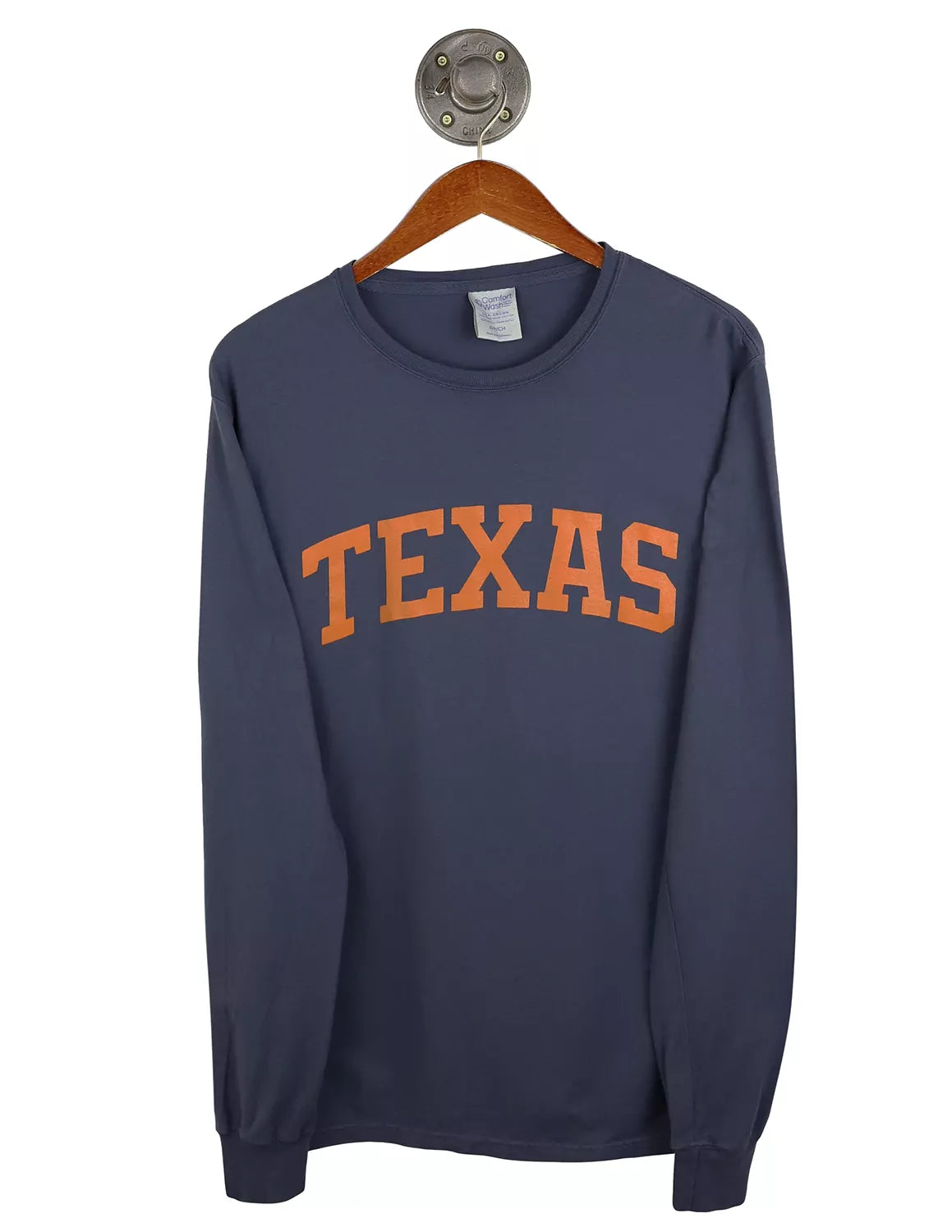 Navy Unisex University of Texas at Austin long-sleeve t-shirt with orange lettering.