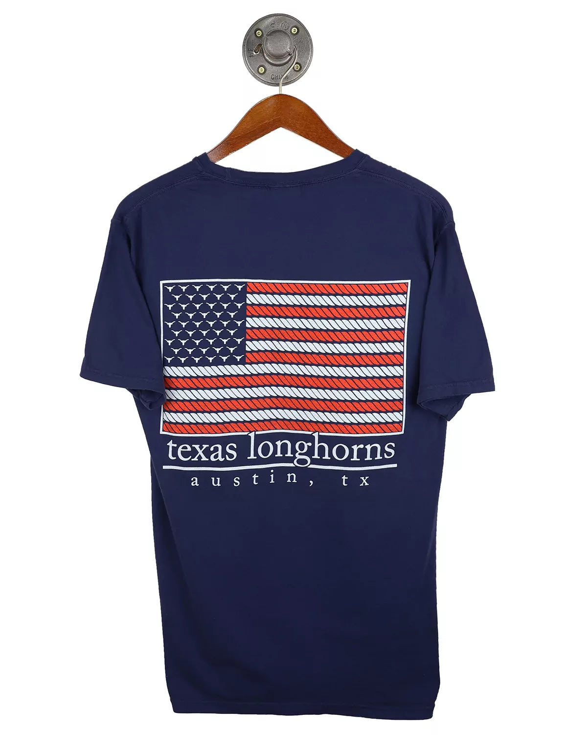 Navy University of Texas at Austin unisex t-shirt with an American flag and white lettering on the back of the shirt.