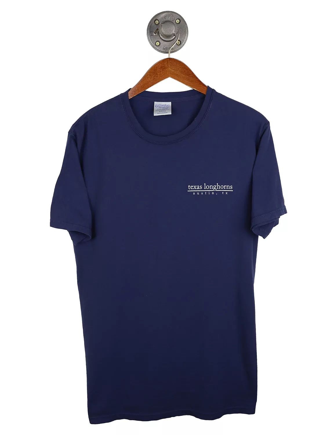 Navy University of Texas at Austin unisex t-shirt with white lettering on the left chest.