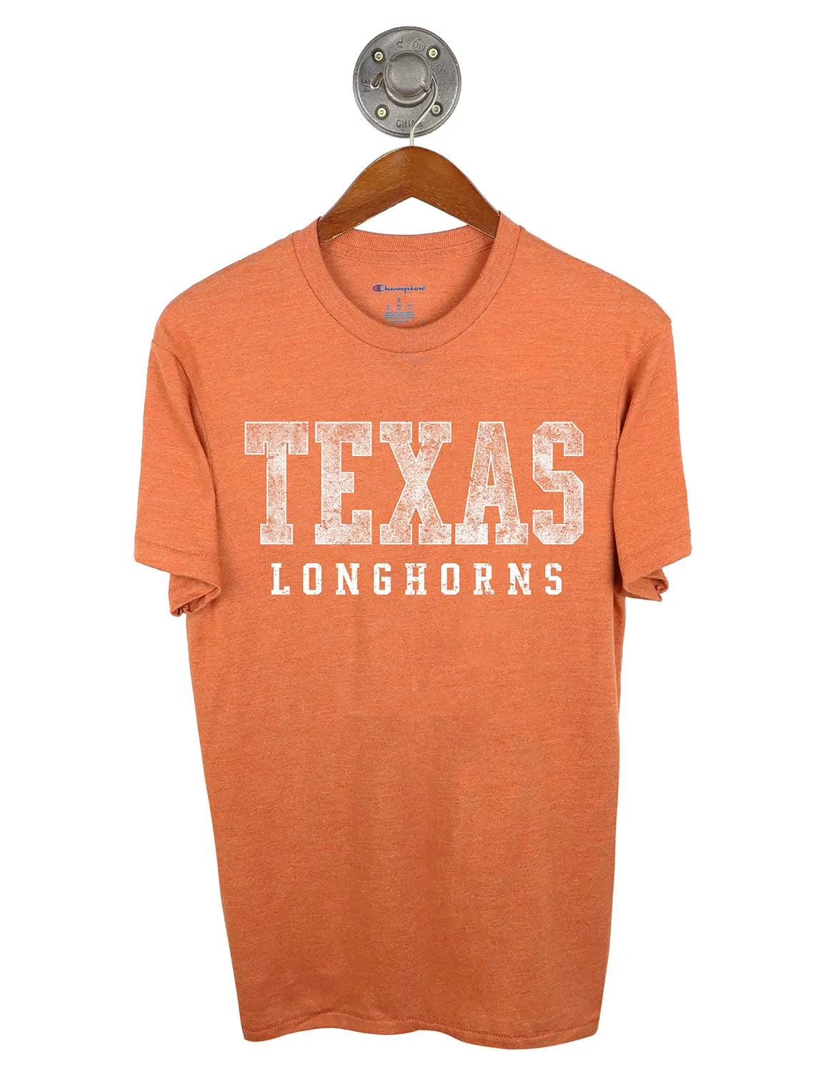 Burnt orange unisex University of Texas at Austin Champion t-shirt with white lettering.