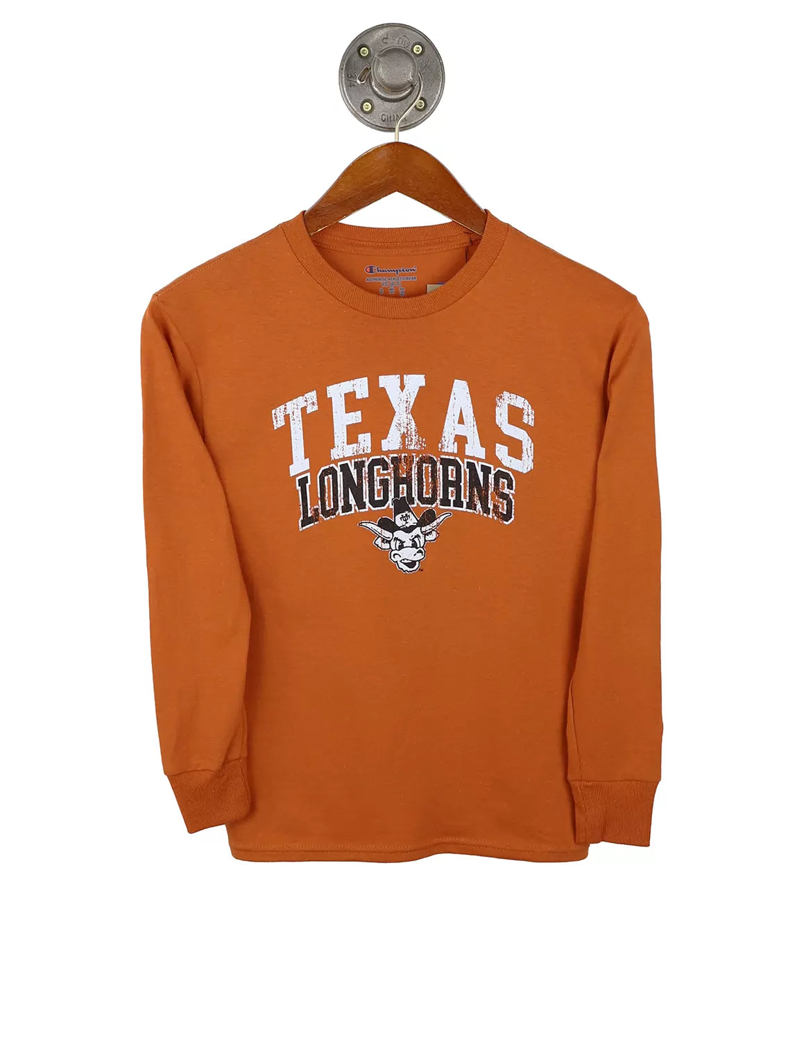 Texas orange University of Texas at Austin youth Champion long-sleeve t-shirt with white and black lettering and a UT logo.