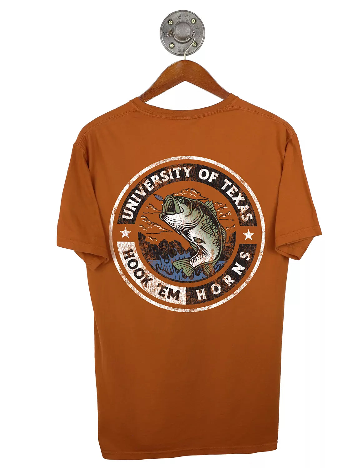 Texas orange unisex University of Texas at Austin t-shirt that features a graphic of a bass jumping out of water with white and black lettering around.