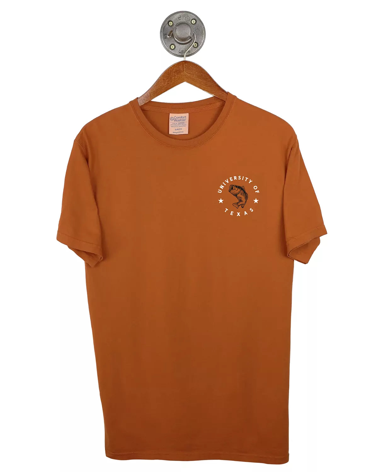 Texas orange unisex University of Texas at Austin t-shirt that features a left chest design of a bass graphic with white lettering around.