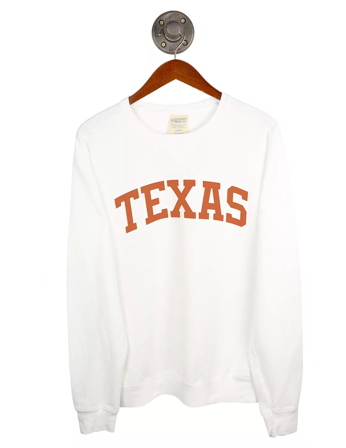 White unisex University of Texas at Austin crewneck sweatshirt with orange lettering.