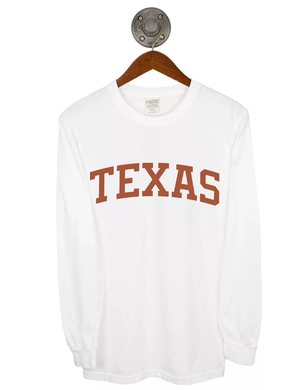 White unisex University of Texas at Austin long-sleeve t-shirt with orange lettering.