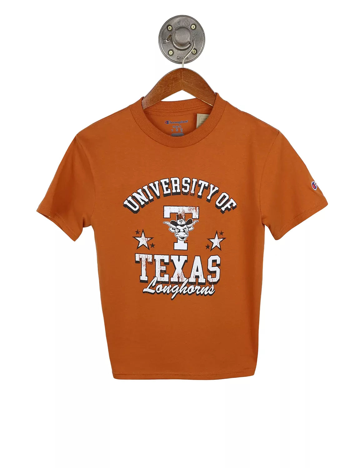 Burnt orange University of Texas at Austin youth Champion t-shirt with a Texas Longhorns logo and black and white lettering around the logo.