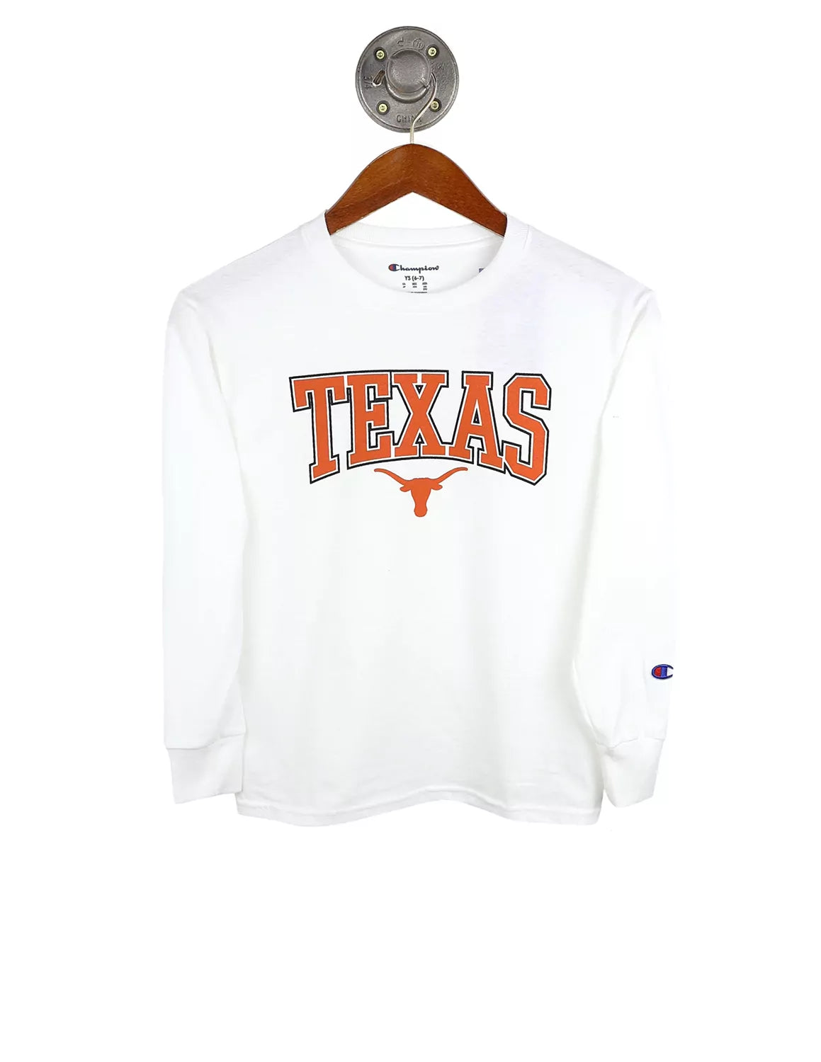 White youth University of Texas at Austin long-sleeve t-shirt with burnt orange and black lettering and Longhorn logo underneath.
