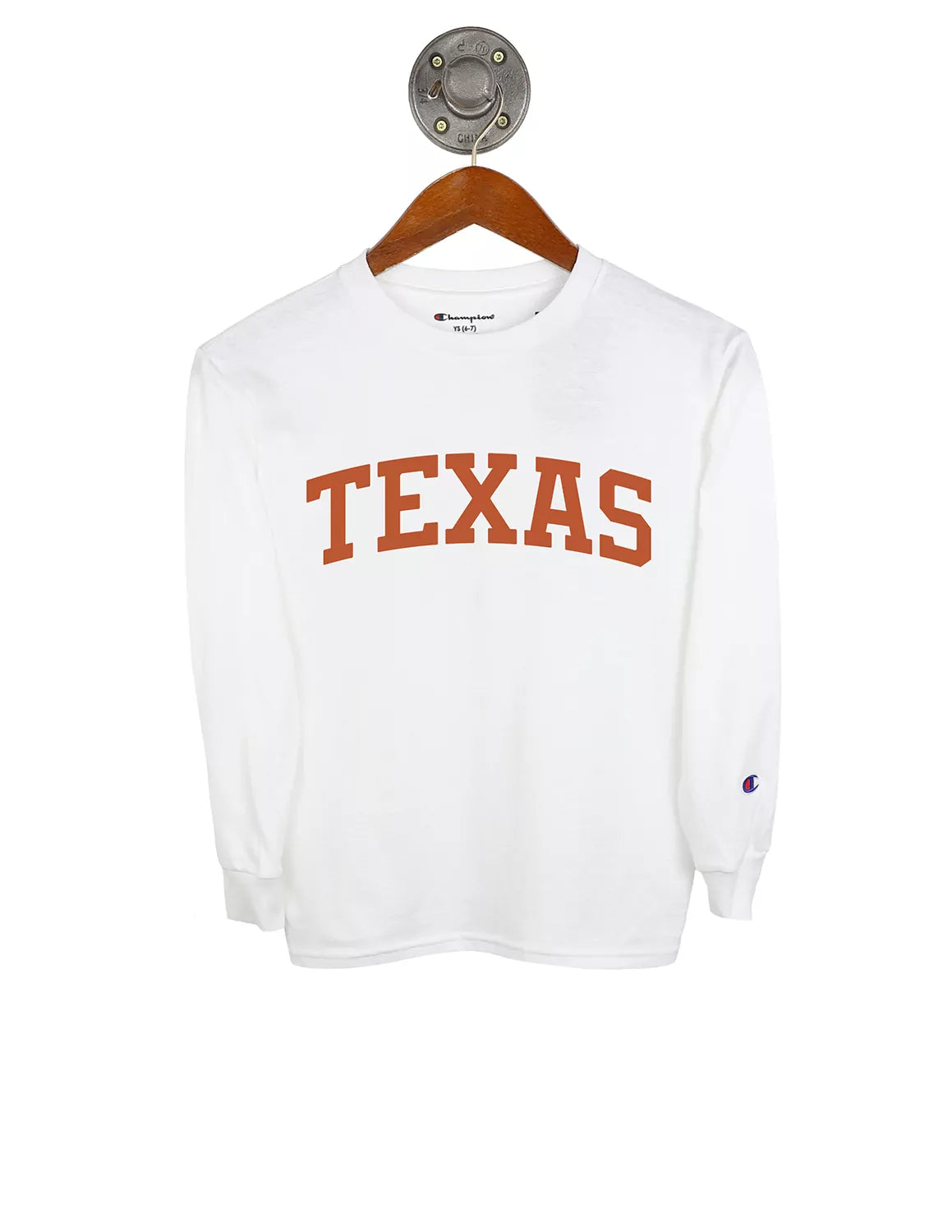 White youth University of Texas at Austin long-sleeve t-shirt with burnt orange lettering.