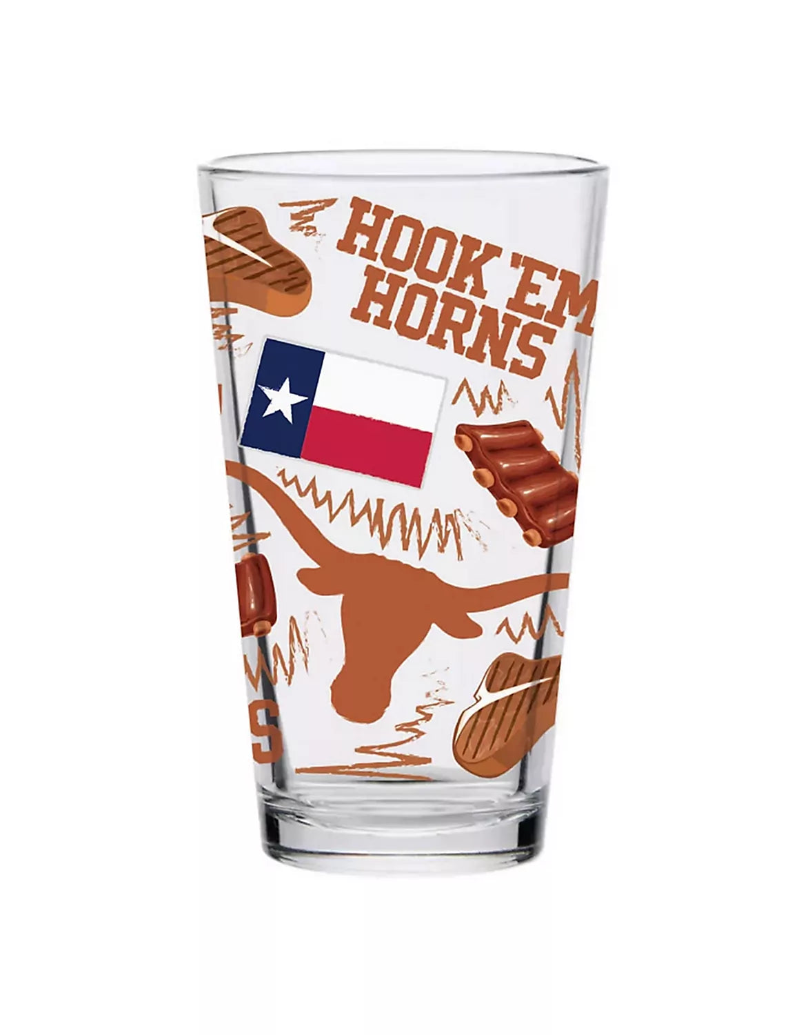 Front view of a clear University of Austin pint glass featuring a graphic of an American flag and a burnt orange UT Longhorn logo.