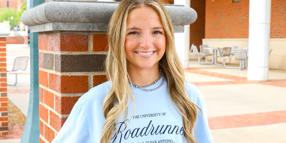 girl wearing a light blue Roadrunners UTSA tshirt