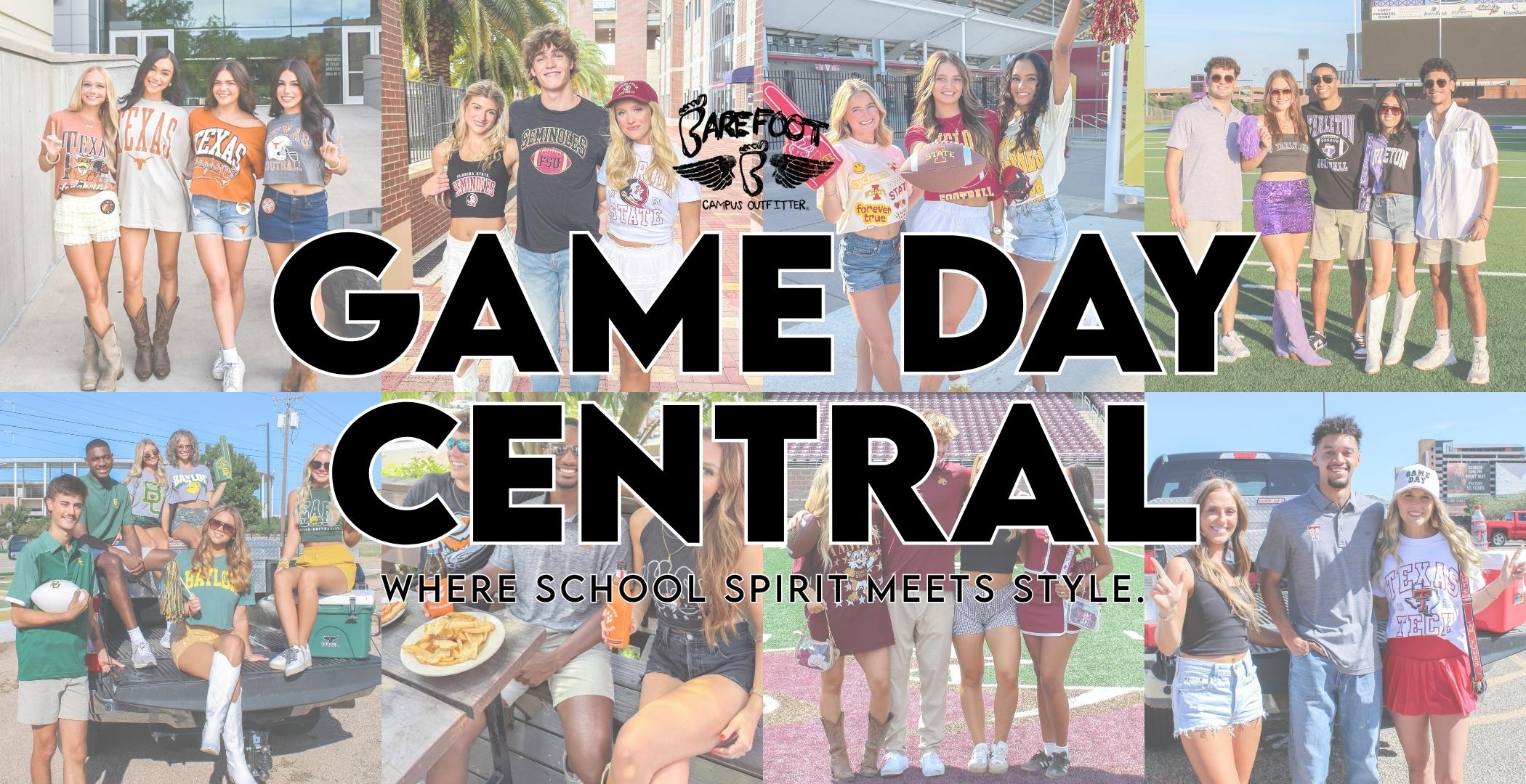 Collage of students wearing various college sports apparel, smiling and socializing outdoors. Text: "Game Day Central" and "Where School Spirit Meets Style."