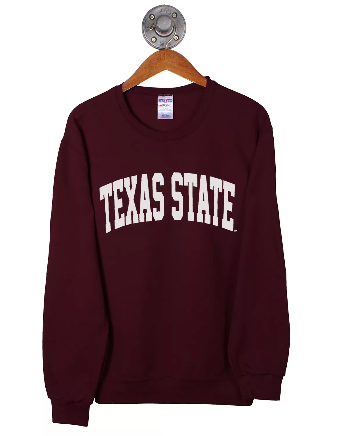Maroon sweatshirt with 'Texas State' text on a hanger against a white background