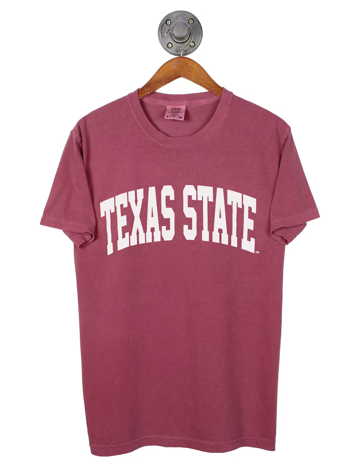 Maroon t-shirt with 'Texas State' text on a hanger against a white background