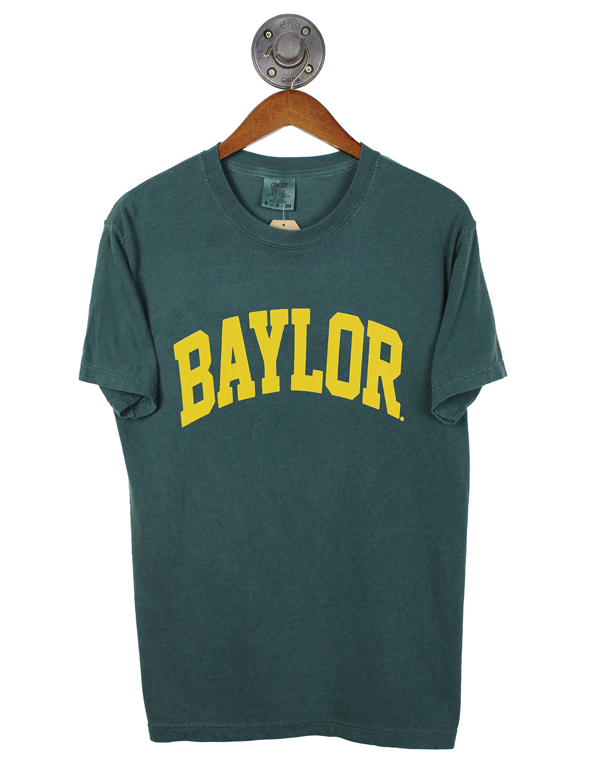 Green t-shirt with 'Baylor' printed in yellow on a wooden hanger against a white background