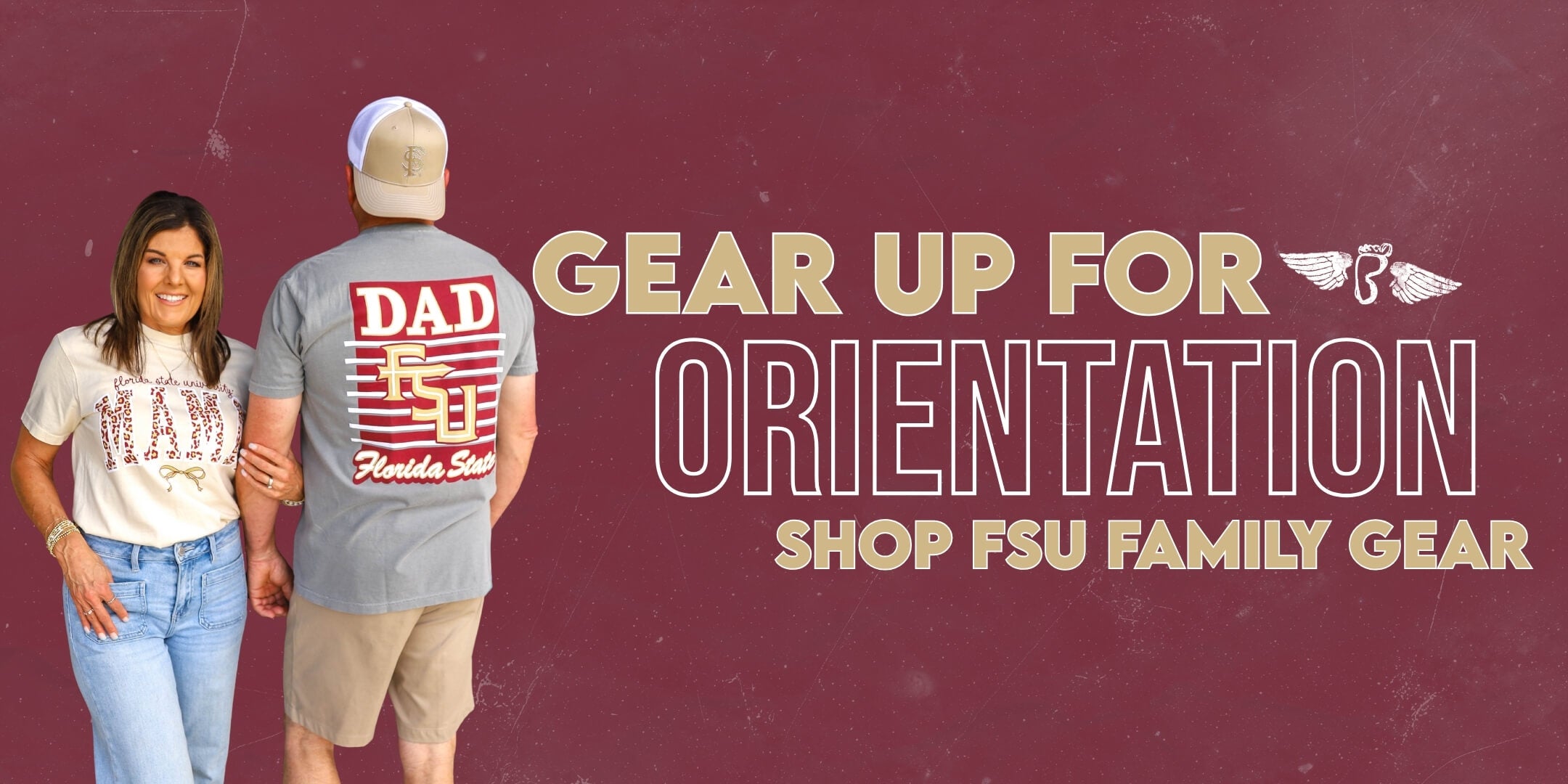 Couple wearing Florida State University gear on a maroon background. "Gear Up for Orientation" text promotes FSU family apparel. Both smiling.