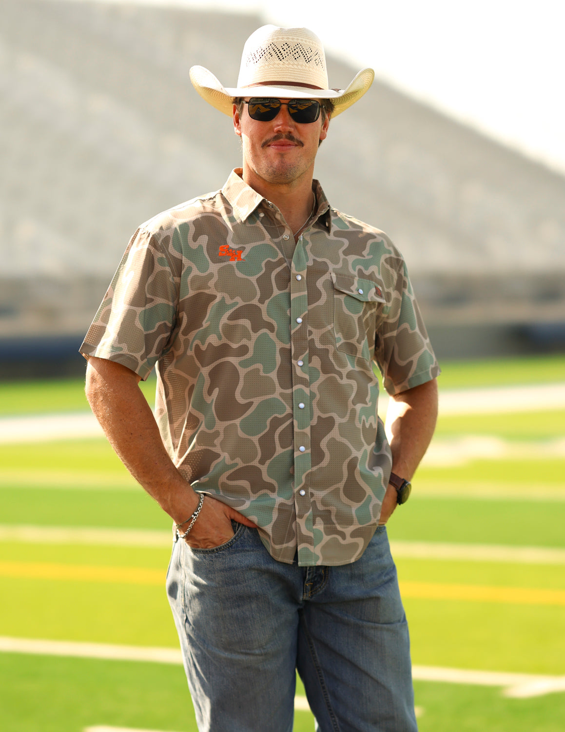 SHSU G Modern SH Paw Cole Camo Button Up