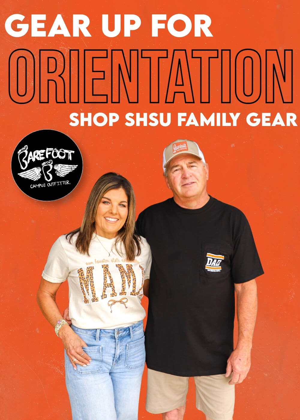 Man and woman smiling with arms around each other on orange background. Text reads "Gear Up for Orientation, Shop SHSU Family Gear." Casual, welcoming tone.