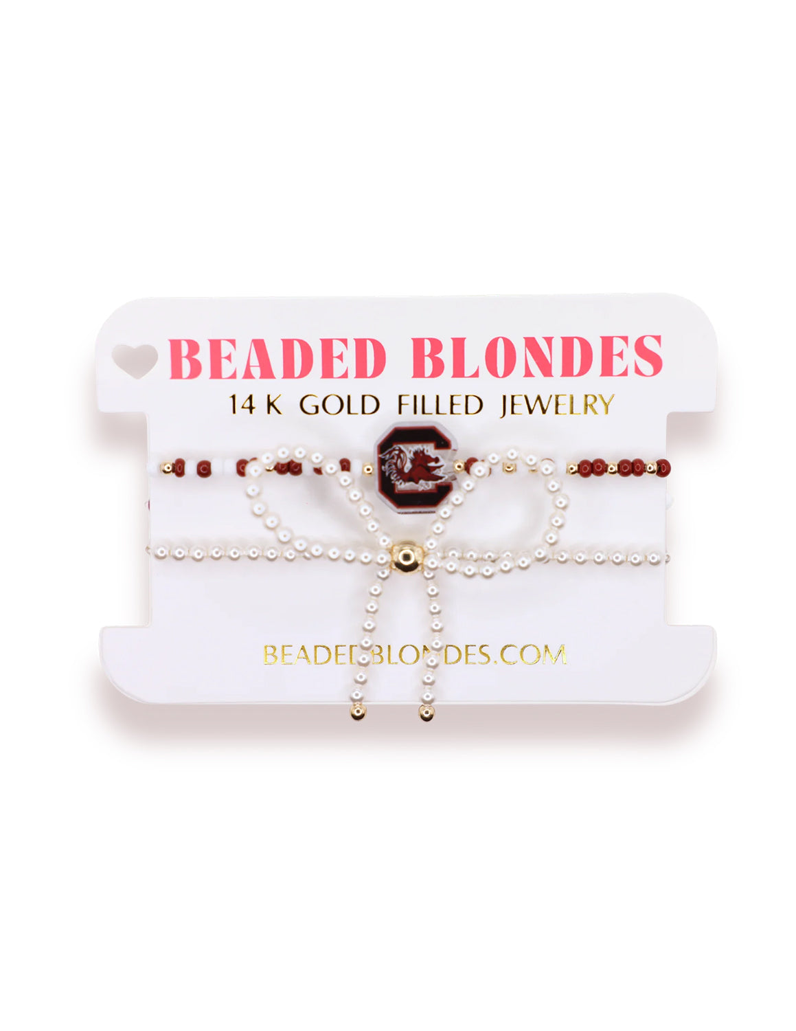 USC Logo + Pearl Bow Beaded Bracelet Stack