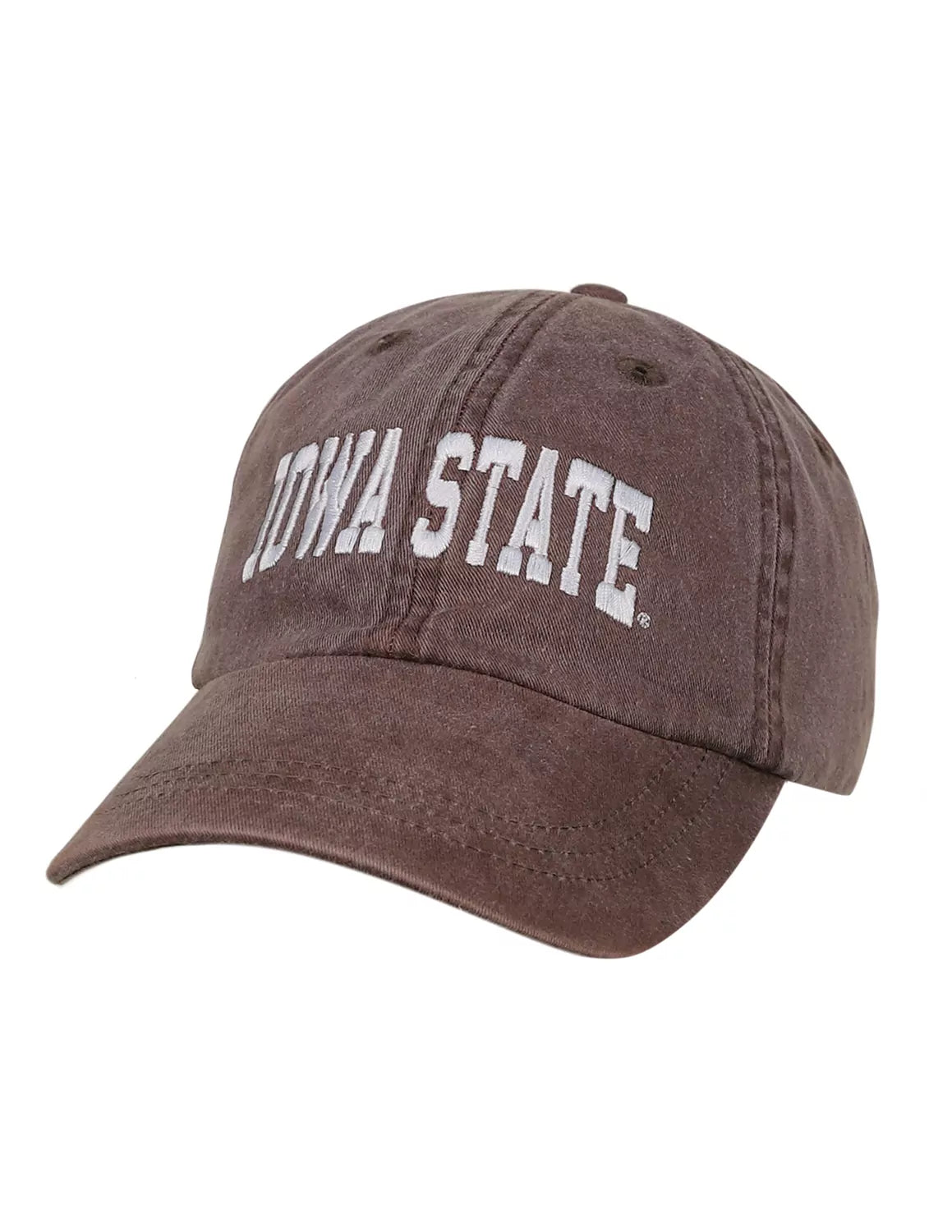 Espresso unisex Iowa State University adjustable hat with white stitching. 
