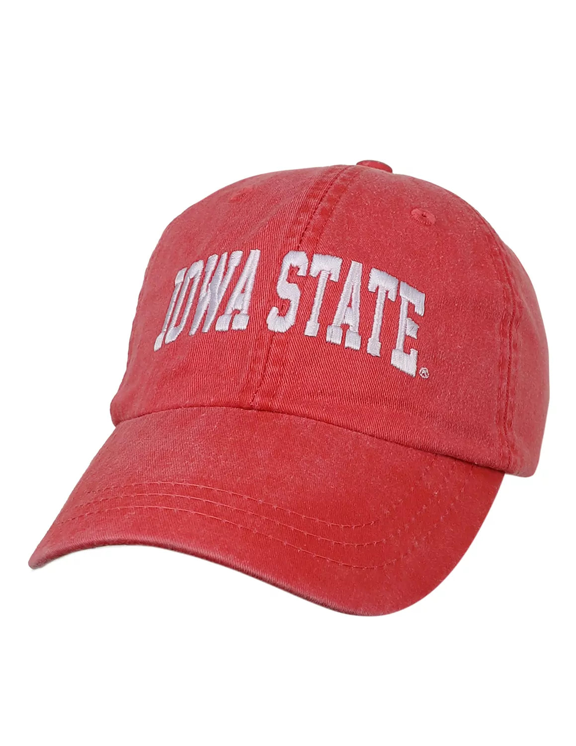 Red unisex Iowa State University adjustable hat with white stitching. 
