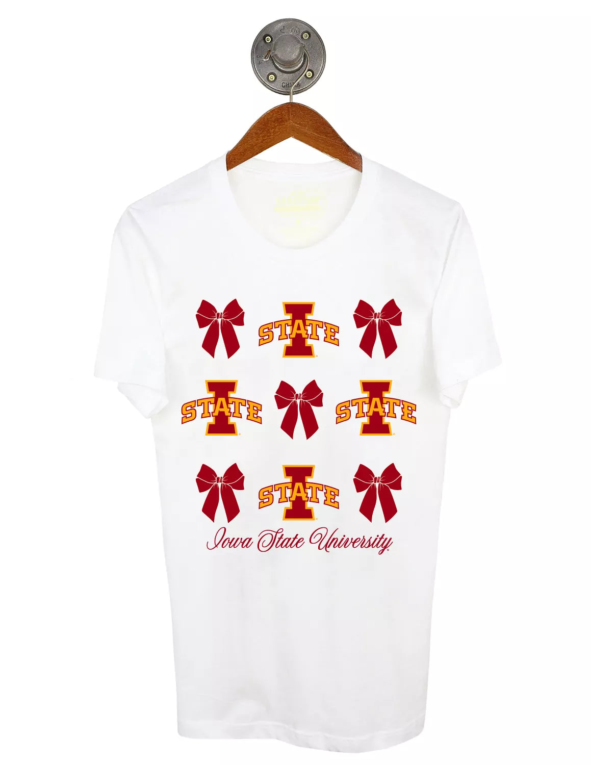 White Iowa State University unisex t-shirt that features an alternating bow graphic and ISU logo stacked going down the shirt with cardinal lettering underneath. 