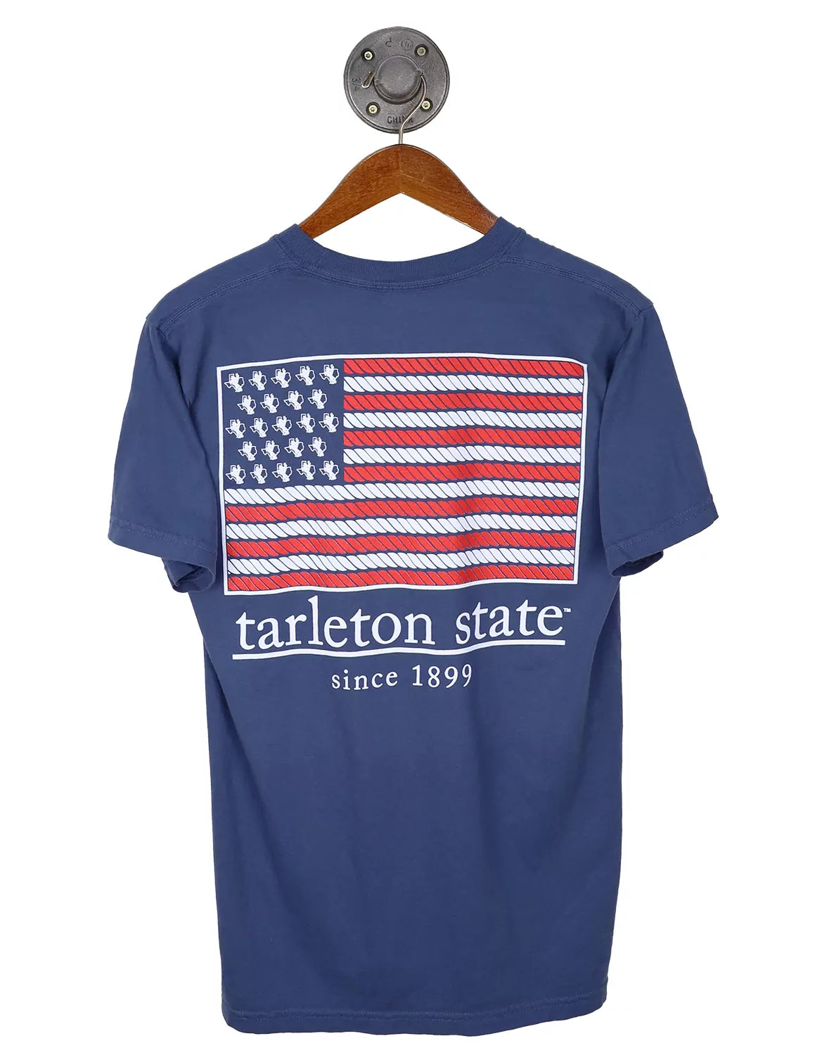 Blue unisex Tarleton State University Comfort Colors t-shirt featuring an American Flag Graphic with "Tarleton State" white lettering underneath. 