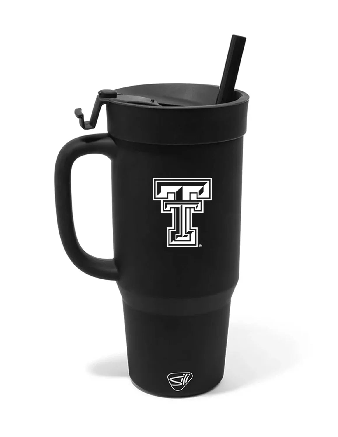 Black Texas Tech University silicone tumbler that features a handle and a Texas Tech logo with white print. 