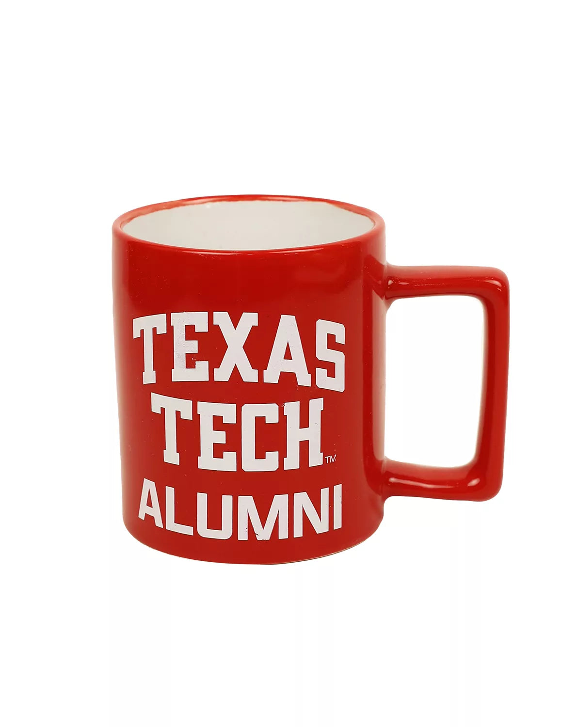 Red Texas Tech University ceramic mug that features "Texas Tech Alumni" text with white print. 
