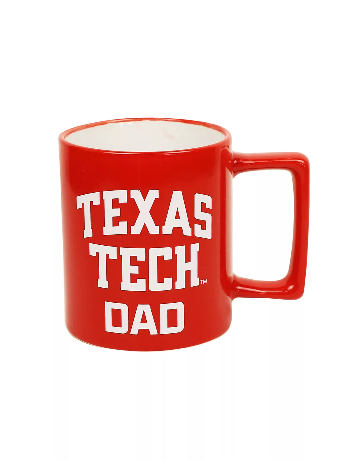 Red Texas Tech University ceramic mug that features "Texas Tech Dad" text with white print. 
