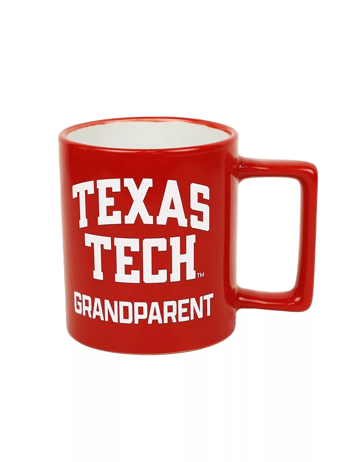 Red Texas Tech University ceramic mug that features "Texas Tech Grandparent" text with white print. 
