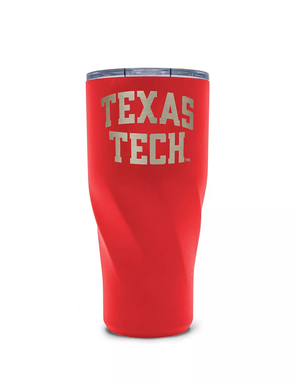 Red Texas Tech University tumbler that features an engraved "Texas Tech" text. 

