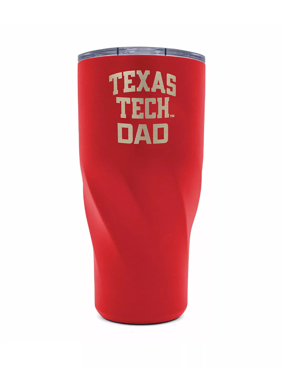 Red Texas Tech University tumbler that features an engraved "Texas Tech Dad" text. 