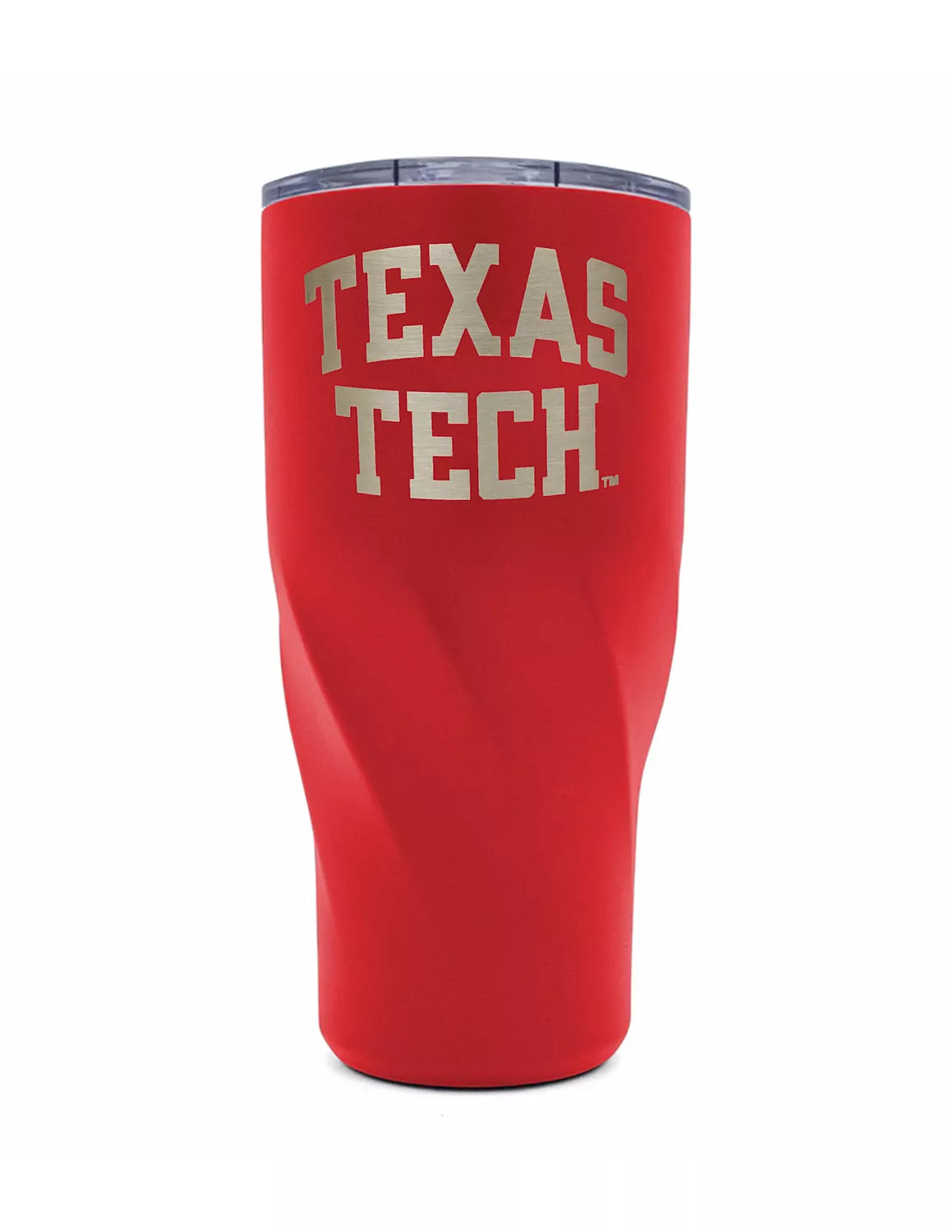 Red Texas Tech University tumbler that features an engraved "Texas Tech" text. 
