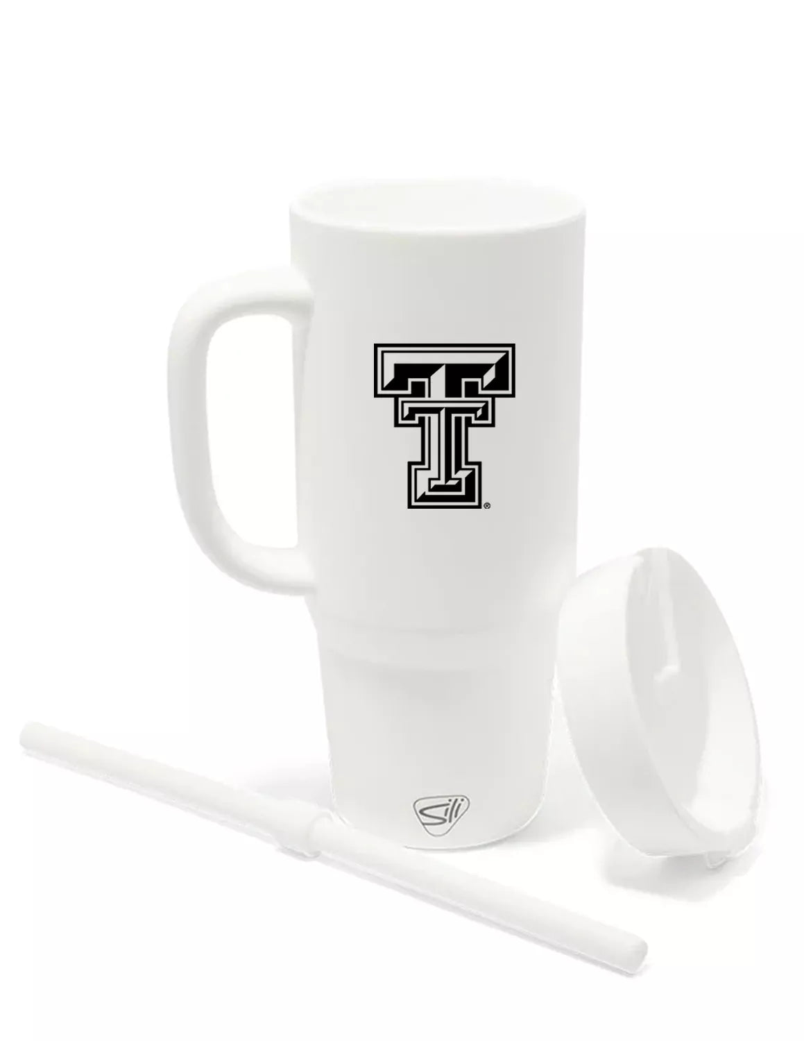 Detail-view of white tumbler that features a handle and a Texas Tech logo with black print. 
