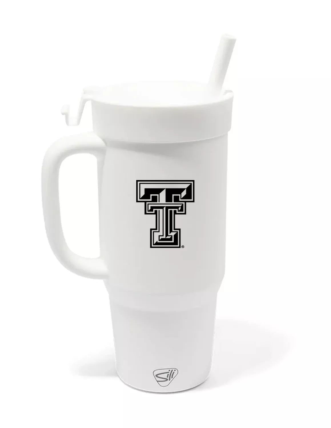 White Texas Tech University silicone tumbler that features a handle and a Texas Tech logo with black print. 