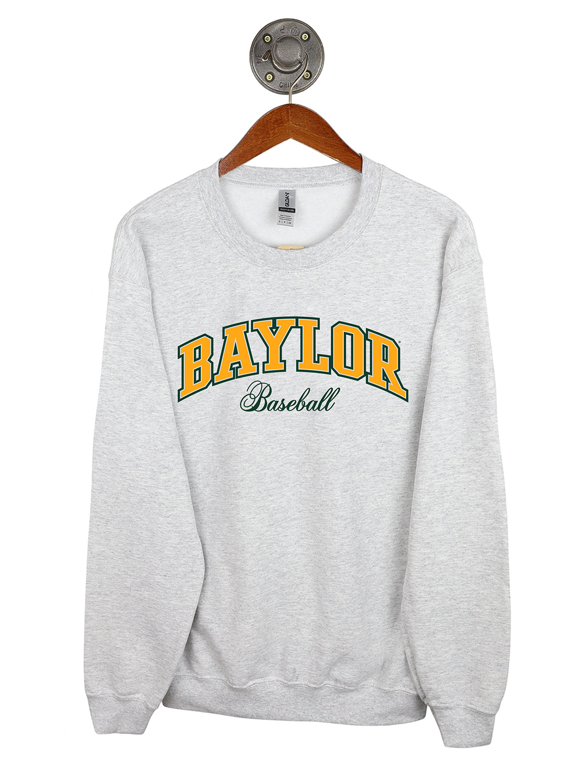Ash grey Baylor University unisex Gildan crewneck sweatshirt that features "Baylor Baseball" text in gold and green lettering. 