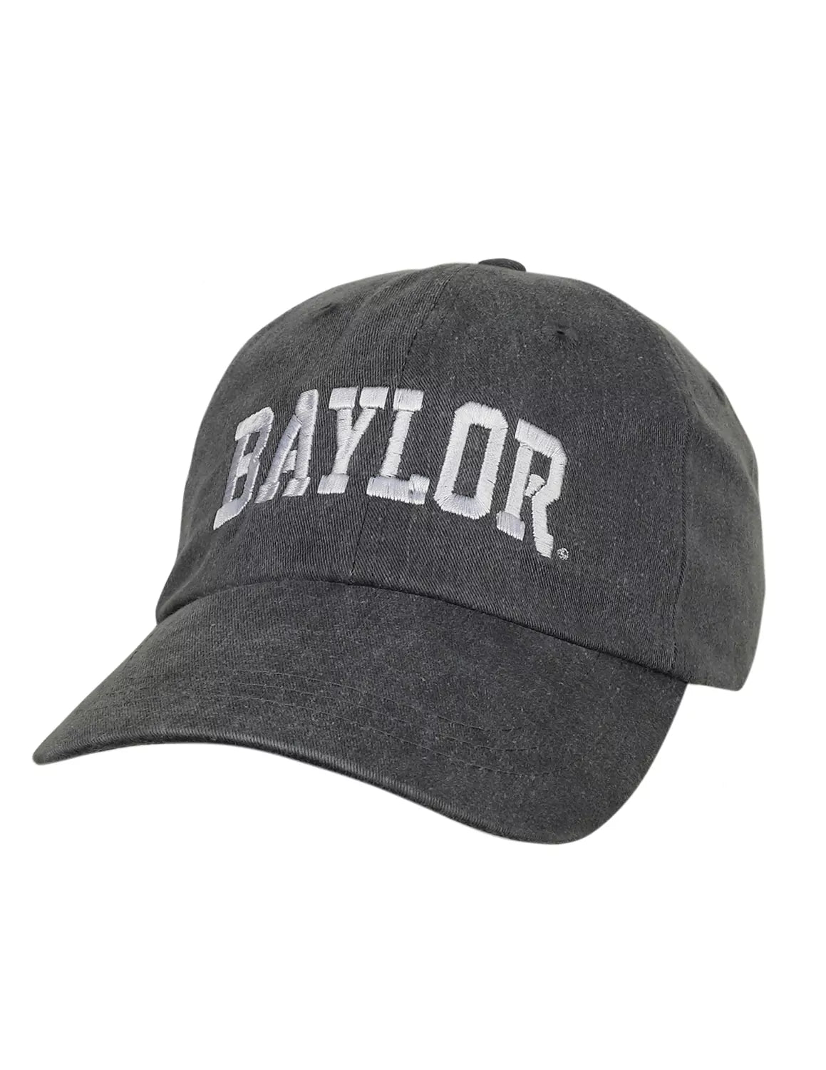 Charcoal Baylor University adjustable hat with white stitching. 
