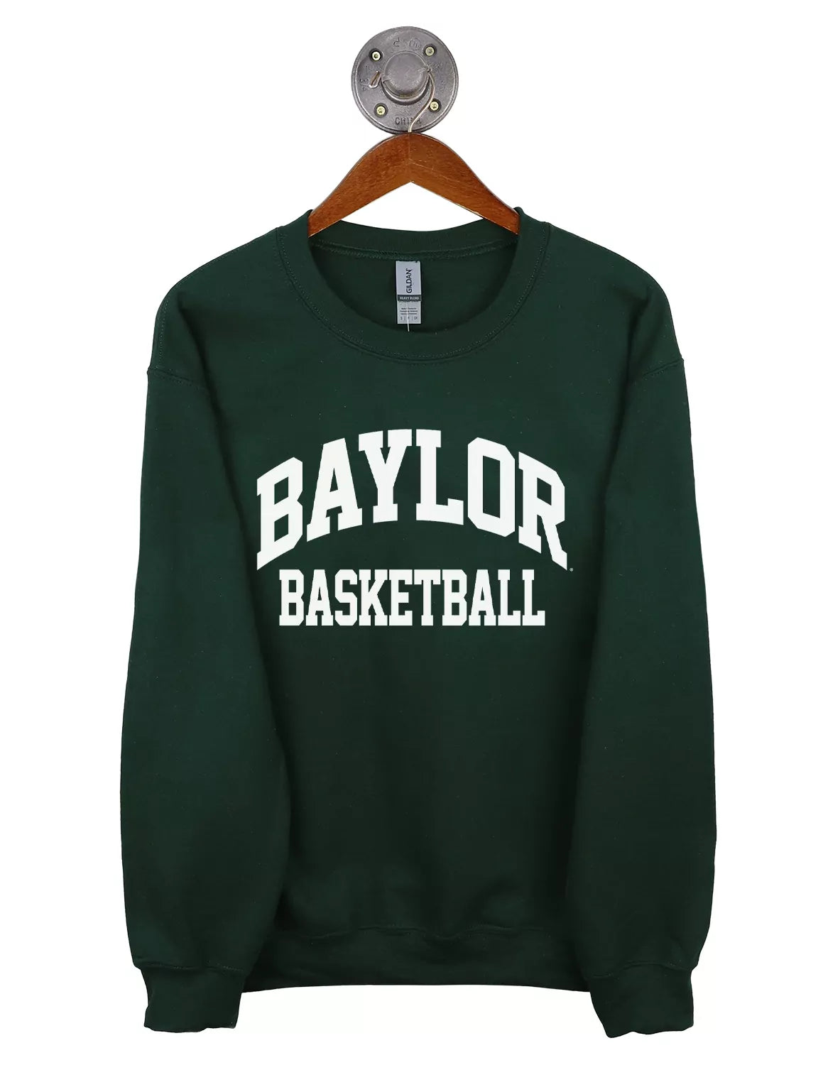 Forest green Baylor University unisex crewneck sweatshirt with white "Baylor Basketball" lettering. 