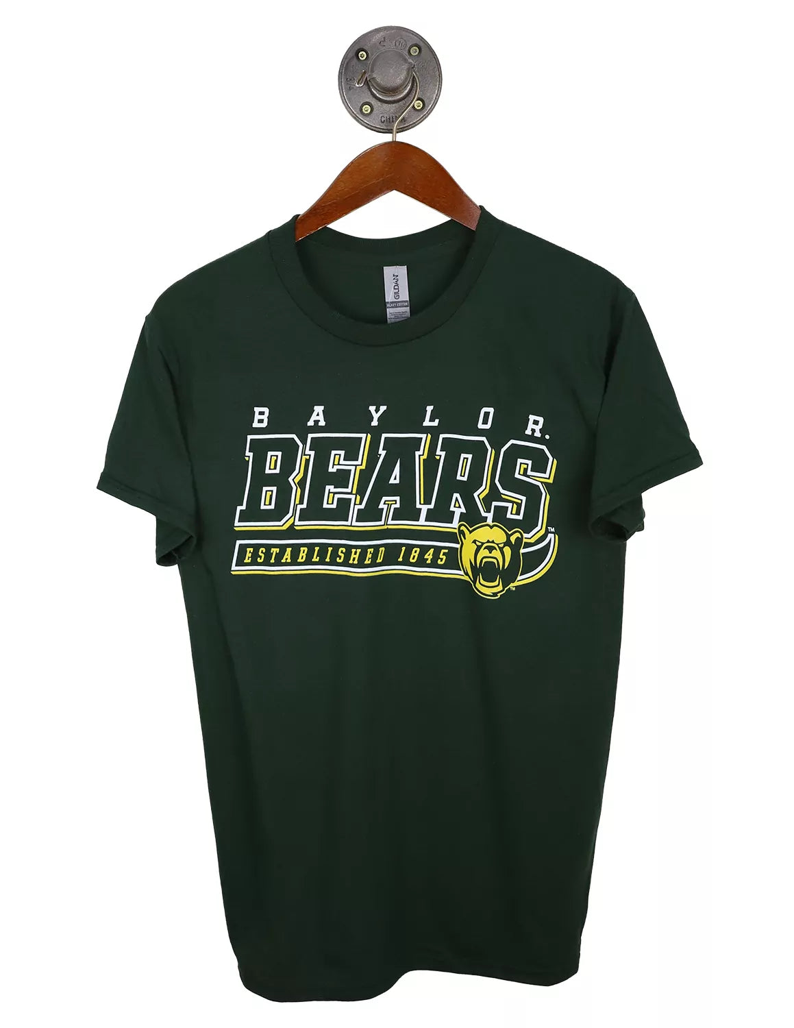 Forest green Baylor University unisex t-shirt that features a Baylor Bears logo with white and gold lettering.