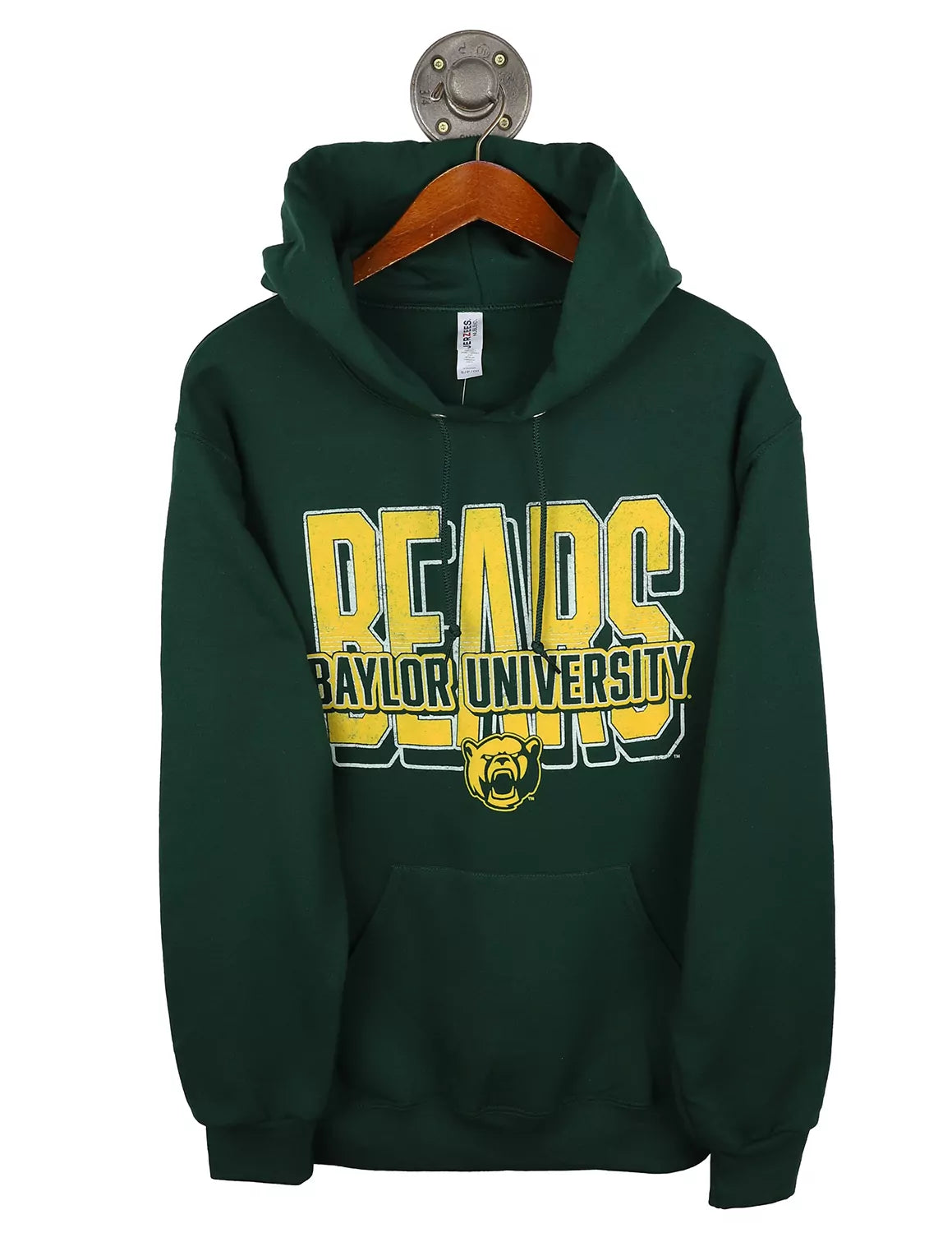 Forest green Baylor University unisex hoodie that features gold and white lettering with a small Bears logo. 