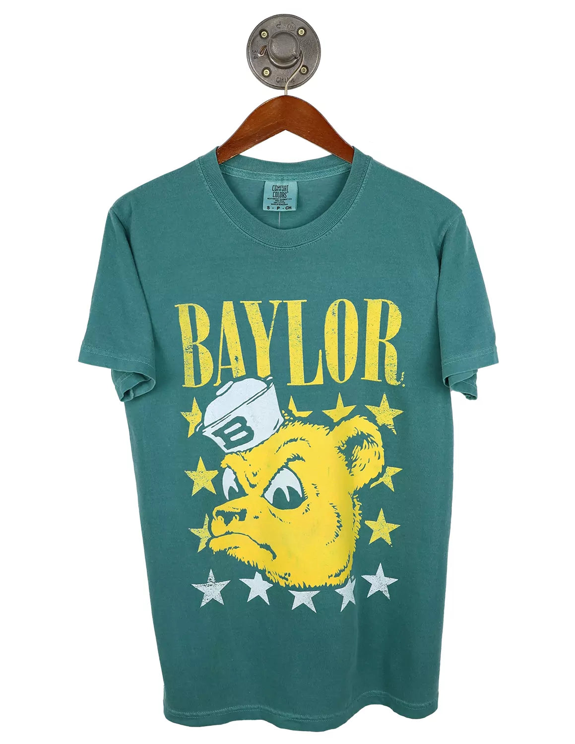 Green unisex Baylor University Comfort Colors t-shirt featuring "Baylor" text and a Bears logo with stars surrounding. 
