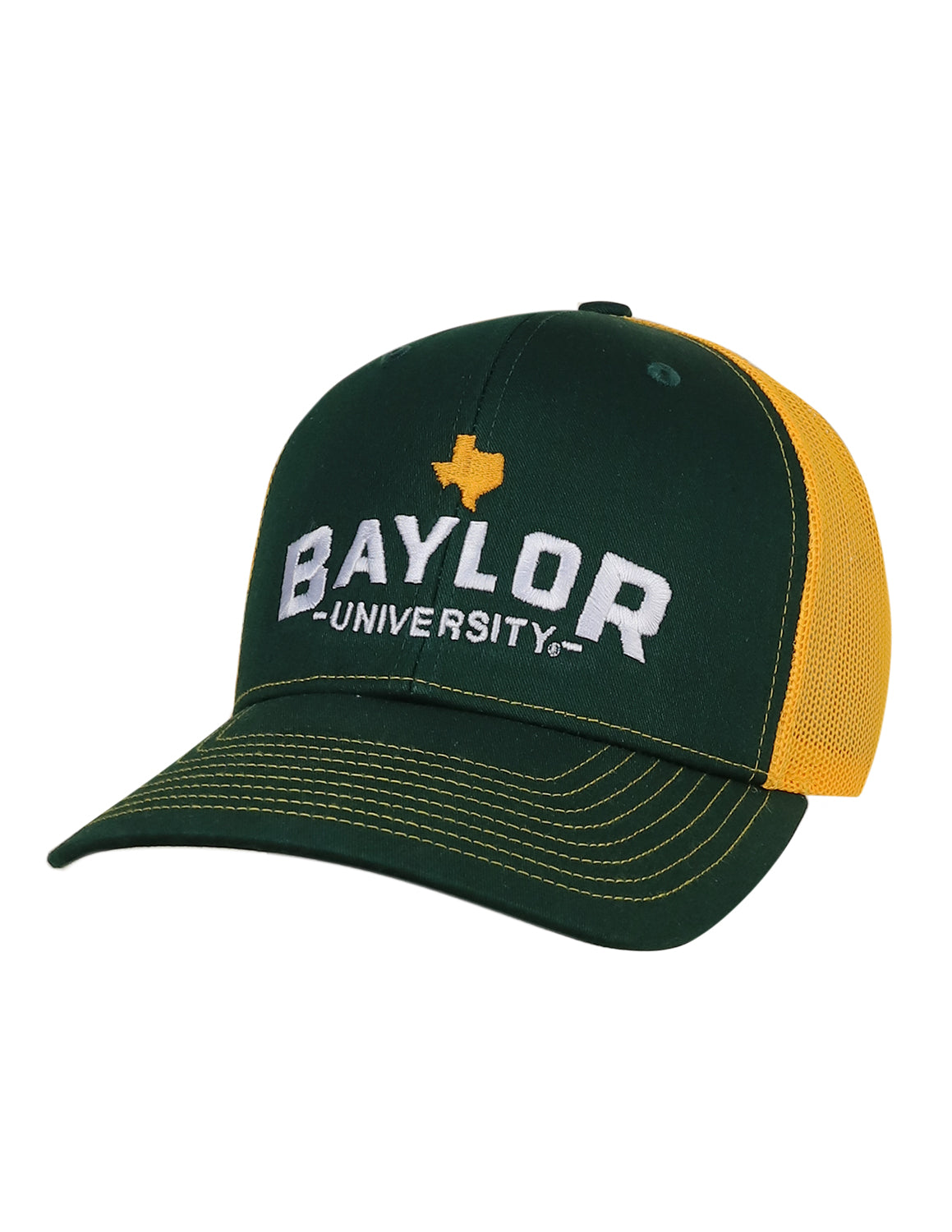 Green Baylor University hat that features a gold mesh back with white and gold stitching on the front. 