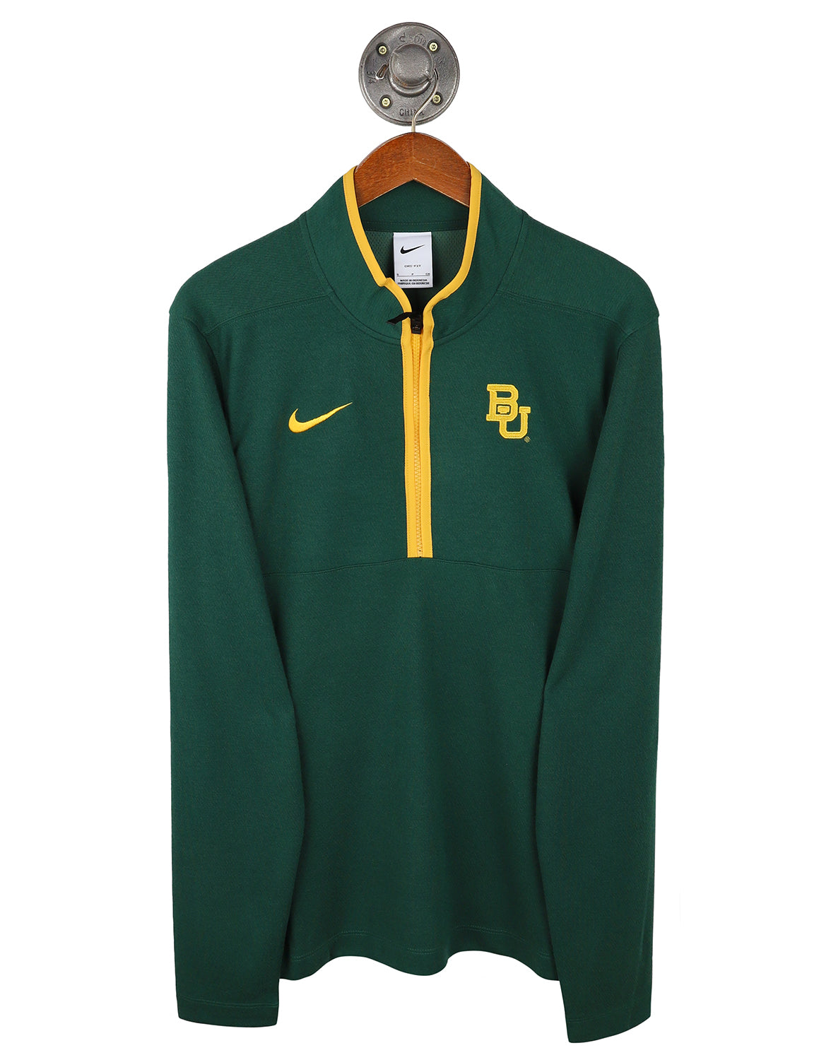 Green Baylor University Nike men's quarter-zip that features a gold zipper and a gold Baylor Bears Logo.
